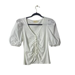Nation Ltd White Ruched Front Puff Sleeve Top Made In Peru 100% Cotton Size S